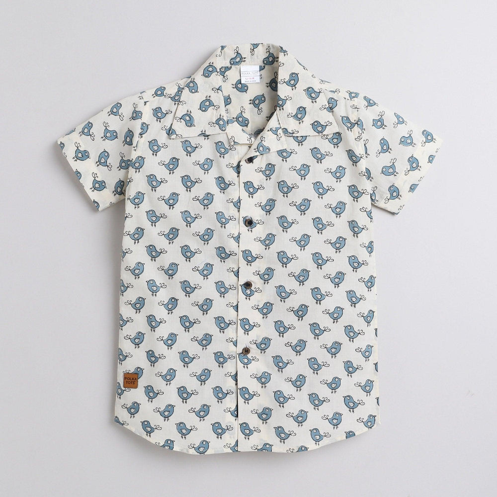 Polka Tots Half Sleeve Shirt Bird Print - White