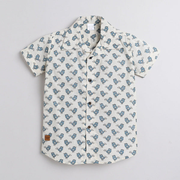 Polka Tots Half Sleeve Shirt Bird Print - White