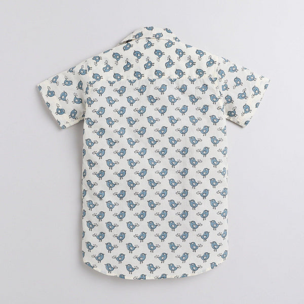 Polka Tots Half Sleeve Shirt Bird Print - White