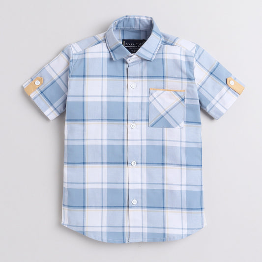 Polka Tots Half Sleeve Checks Shirt Yellow Detailing - Blue