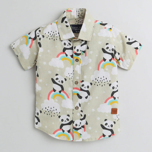 Polka Tots Half Sleeves Panda Rainbow Print Shirt - Cream