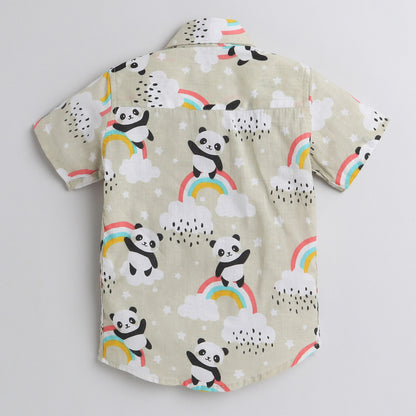 Polka Tots Half Sleeve Shirt Panda With Rainbow Print - Cream