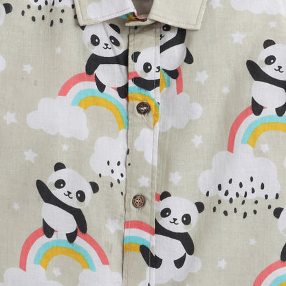 Polka Tots Half Sleeve Shirt Panda With Rainbow Print - Cream