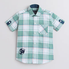 Polka Tots Half Sleeve Checks Kids Shirt Universe Print - Green