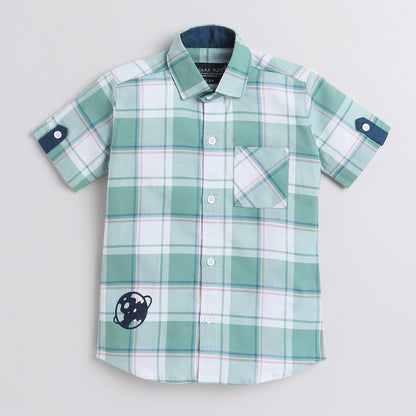 Polka Tots Half Sleeve Checks Shirt Universe Print - Green