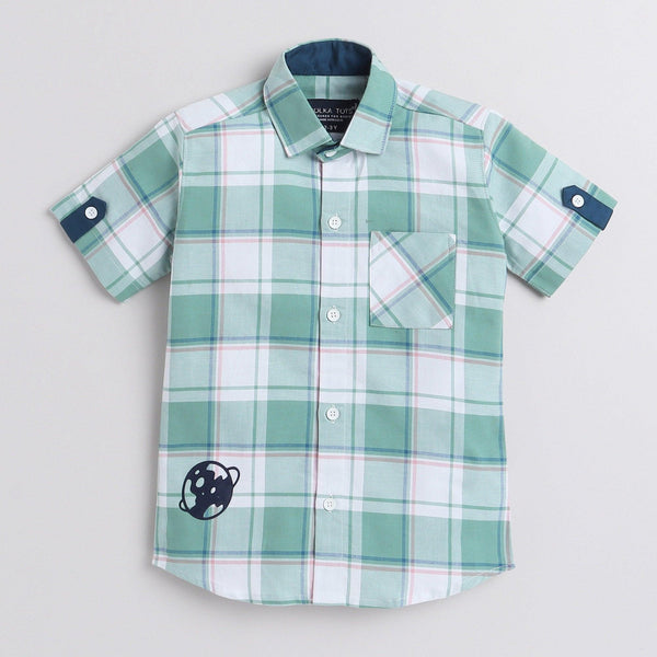 Polka Tots Half Sleeve Checks Kids Shirt Universe Print - Green