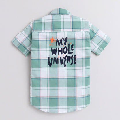 Polka Tots Half Sleeve Checks Shirt Universe Print - Green