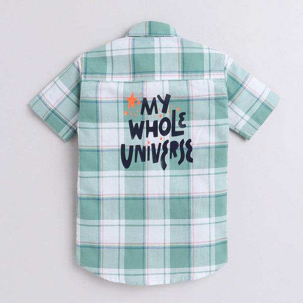 Polka Tots Half Sleeve Checks Kids Shirt Universe Print - Green