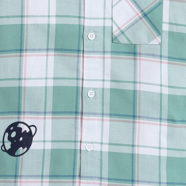 Polka Tots Half Sleeve Checks Kids Shirt Universe Print - Green
