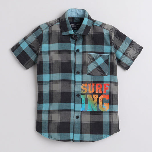 Polka Tots Half Sleeve Checks Shirt Surfing Print - Black