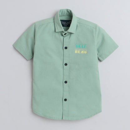 Polka Tots Cotton Regular Fit Half Sleeve Self Hero Metallic Print Shirt - Sea Green