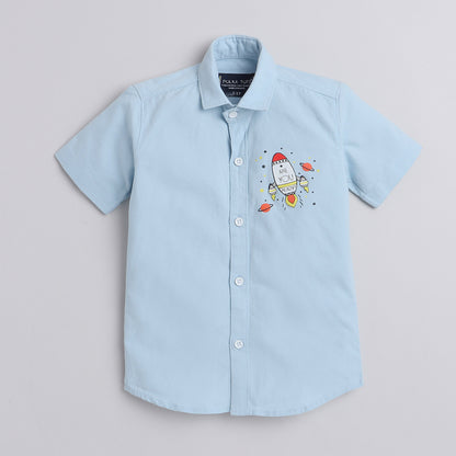 Polka Tots Cotton Regular Fit Half Sleeve Rocket Print Shirt - Sky Blue