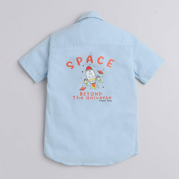 Polka Tots Cotton Regular Fit Half Sleeve Rocket Print Shirt - Sky Blue