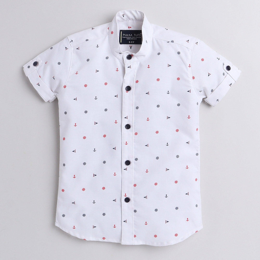 Polka Tots Half Sleeve Shirt Anchor Print - White