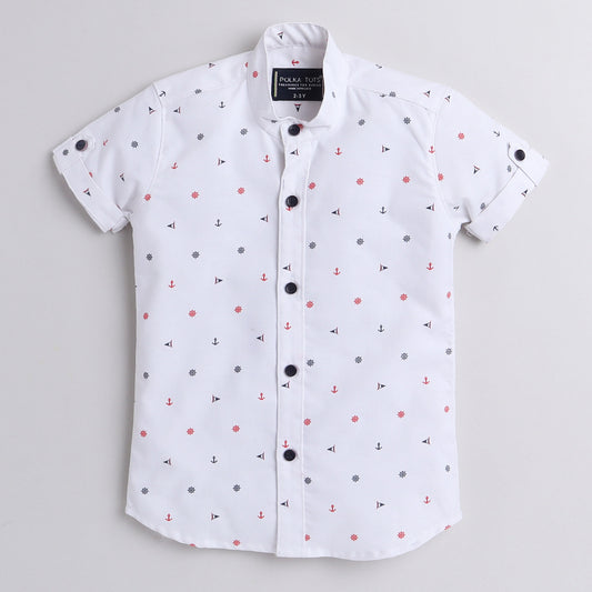 Polka Tots Half Sleeve Shirt Anchor Print - White