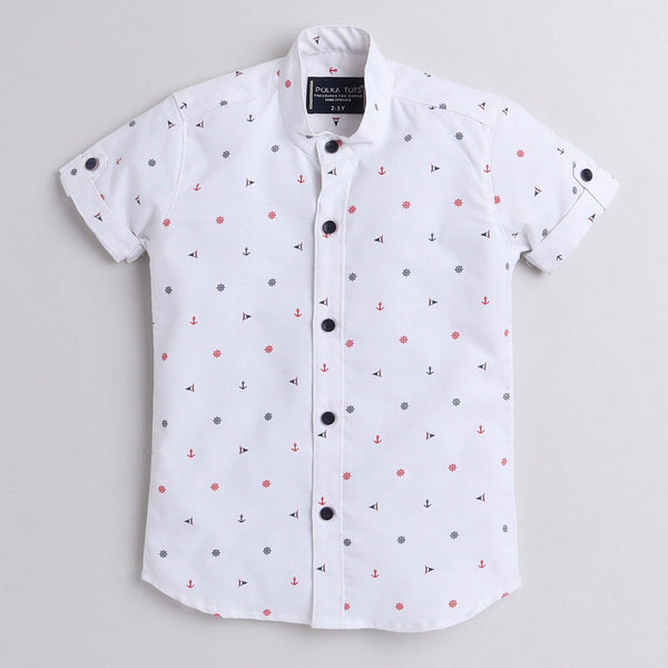 Polka Tots Half Sleeve Shirt Anchor Print - White