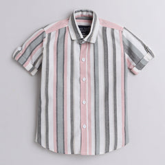 Polka Tots Half Sleeve Shirt Grey Pink White Stripes Grey