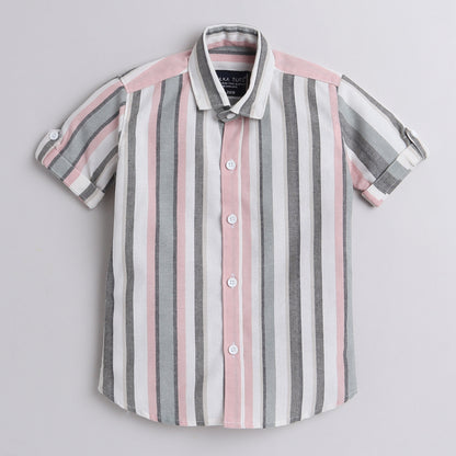 Polka Tots Half Sleeve Shirt Grey Pink White Stripes Grey