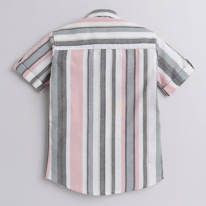 Polka Tots Half Sleeve Shirt Grey Pink White Stripes Grey