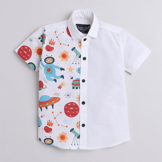 Polka Tots Cotton Regular Fit Half Printed Space Theme Multi Colour Shirt - White