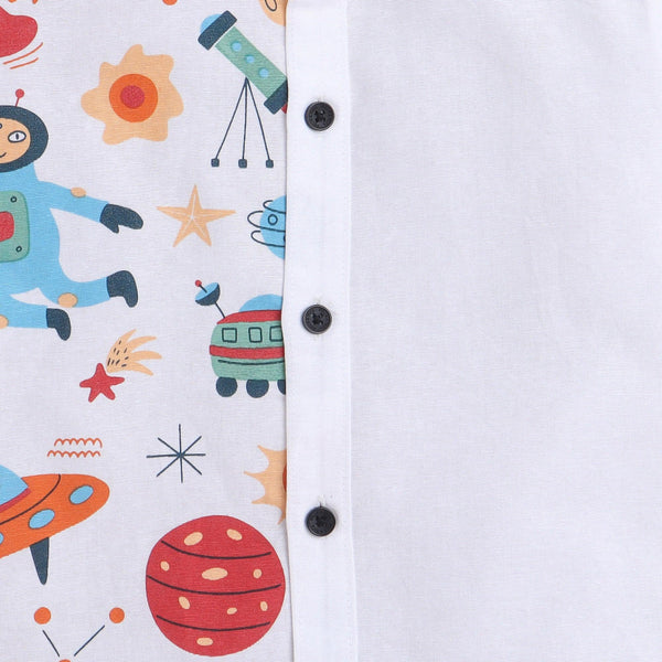 Polka Tots Cotton Regular Fit Half Printed Space Theme Multi Colour Shirt - White