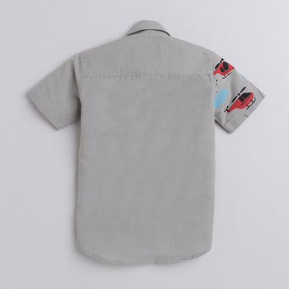 Polka Tots Cotton Regular Fit Half Printed Helicopter Sky Theme Shirt - Grey