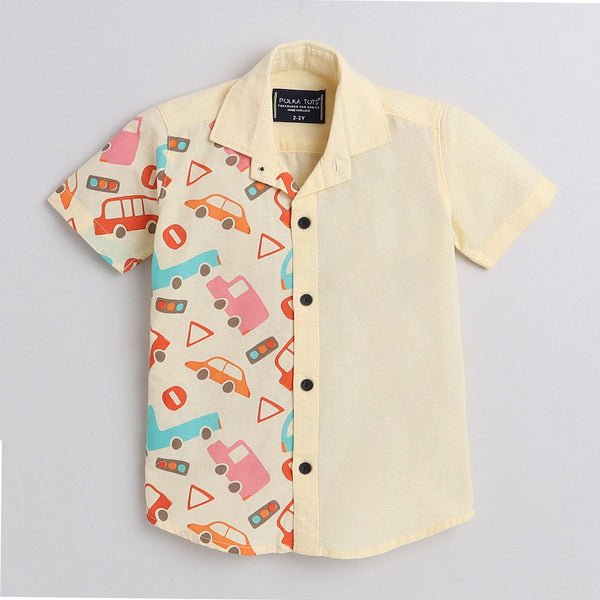 Polka Tots Cotton Regular Fit Half Printed Car Theme Shirt - Yellow