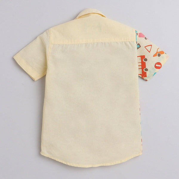Polka Tots Cotton Regular Fit Half Printed Car Theme Shirt - Yellow