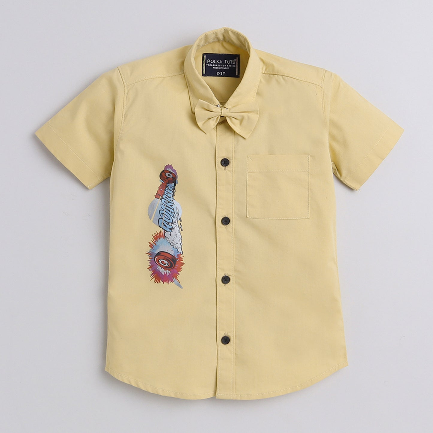 Polka Tots Cotton Regular Fit Roarrr Tyre Metallic Print Shirt With Bow Tie - Yellow