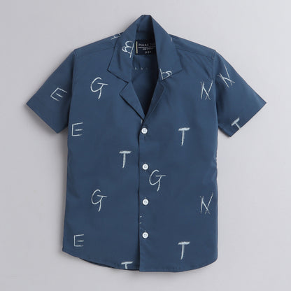 Polka Tots Half Sleeve Shirt Tennis Collar Alphabet Print - Blue