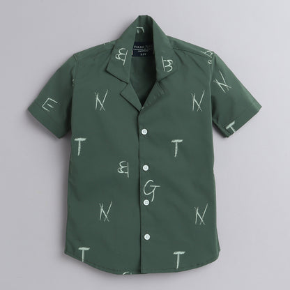 Polka Tots Half Sleeve Shirt Tennis Collar Alphabet Print - Green
