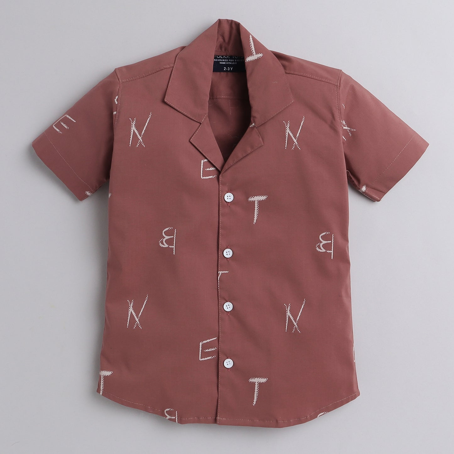 Polka Tots Half Sleeve Shirt Tennis Collar Alphabet Print - Brown