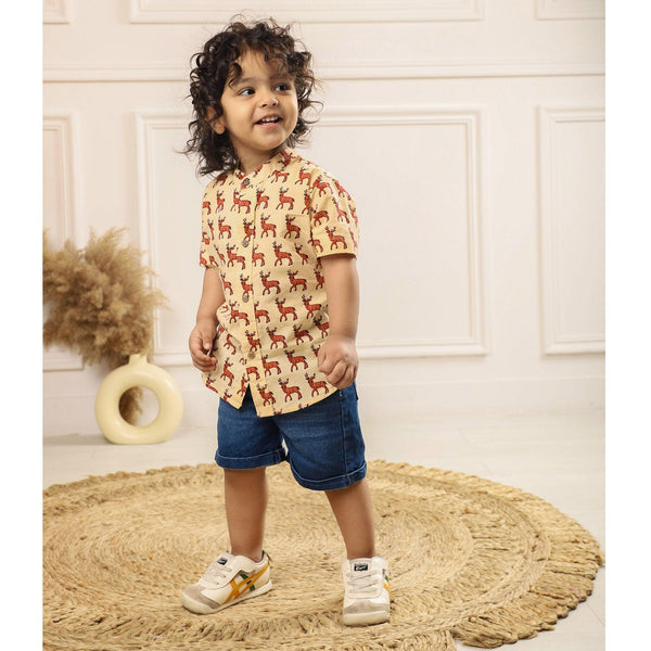 Polka Tots Regular Fit Half Sleeves Reindeer Print Shirt - Khakhi