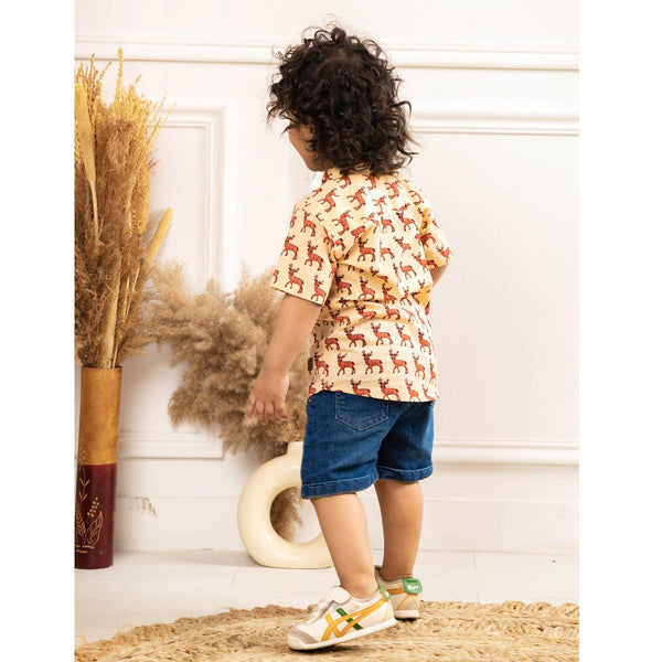 Polka Tots Regular Fit Half Sleeves Reindeer Print Shirt - Khakhi