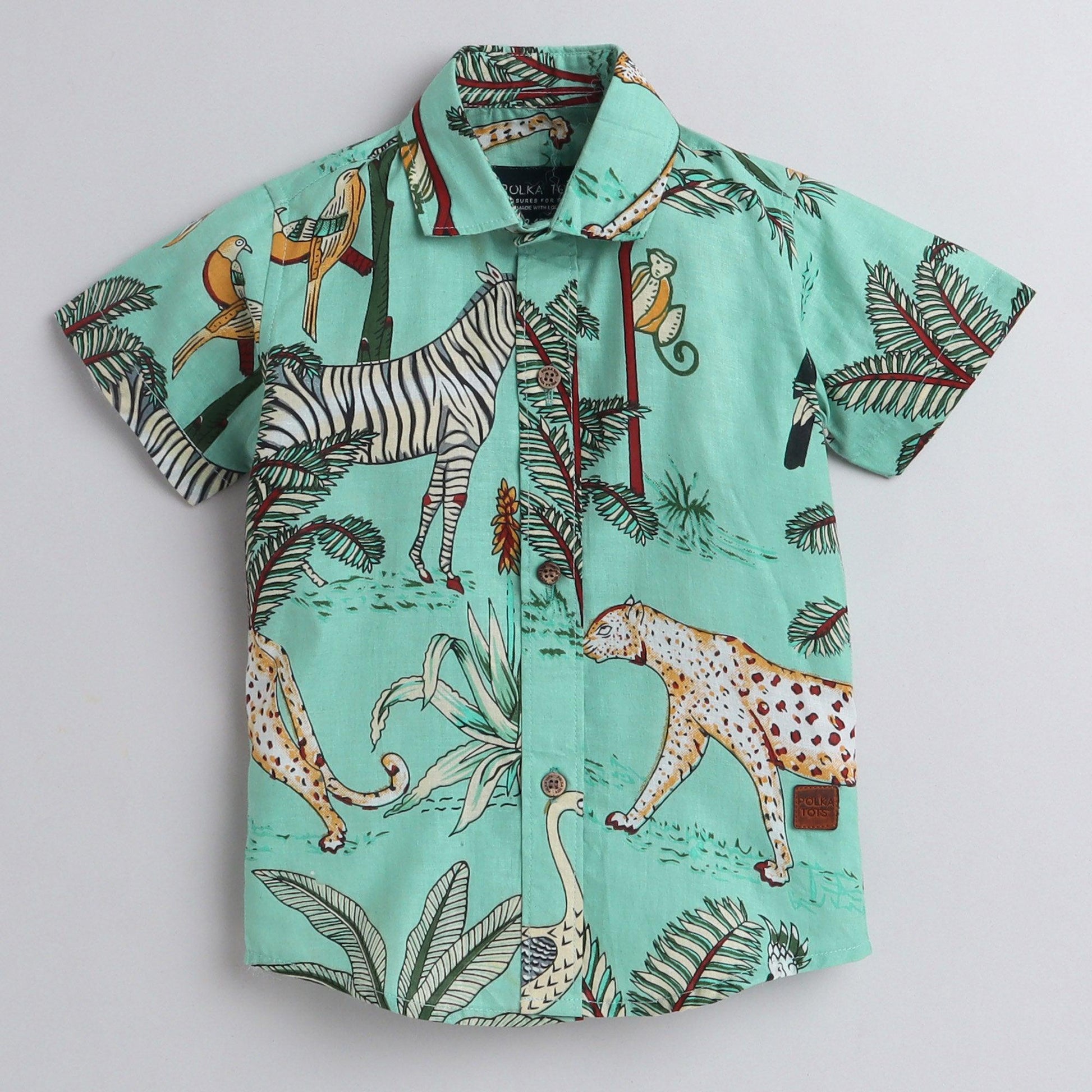 Polka Tots Half Sleeve Kids Shirt Jungle Animal Print Green