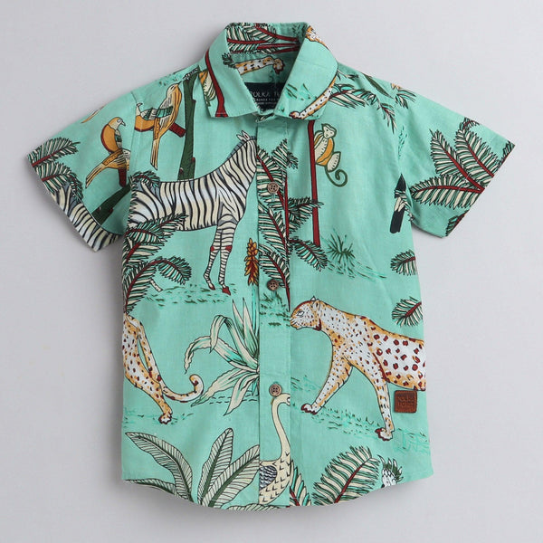 Polka Tots Half Sleeve Kids Shirt Jungle Animal Print - Green
