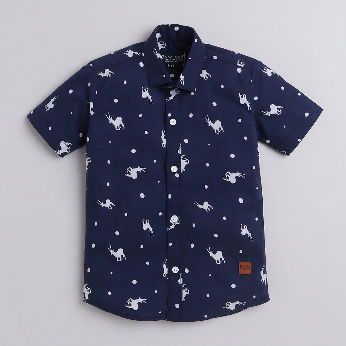 Polka Tots Cotton Regular Fit Half Sleeve Reindeer & Polka Dots Print Shirt - Navy Blue