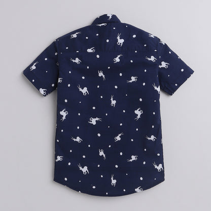 Polka Tots Cotton Regular Fit Half Sleeve Reindeer & Polka Dots Print Shirt - Navy Blue