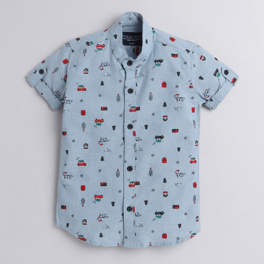 Polka Tots Half Sleeve Shirt Christmas Gifts Print - Blue