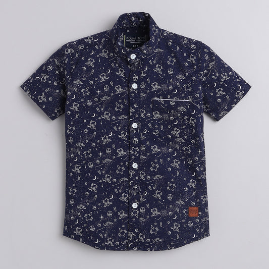 Polka Tots Cotton Regular Fit Half Sleeve Space Theme Alien Print Shirt - Navy Blue