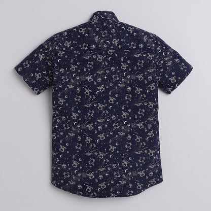 Polka Tots Cotton Regular Fit Half Sleeve Space Theme Alien Print Shirt - Navy Blue