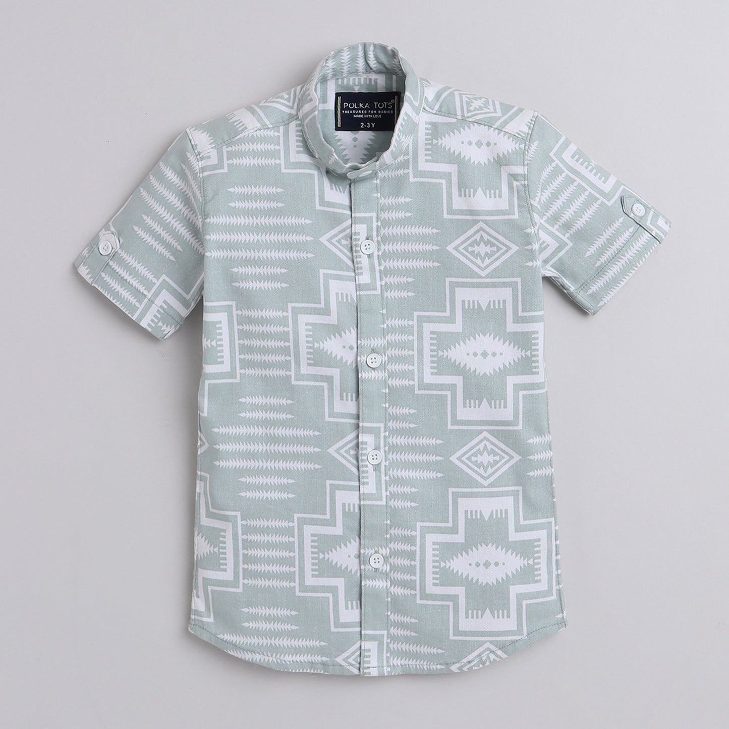 Polka Tots Cotton Regular Fit Half Sleeve Chinese Collar Geometric Print Shirt - Light Pista