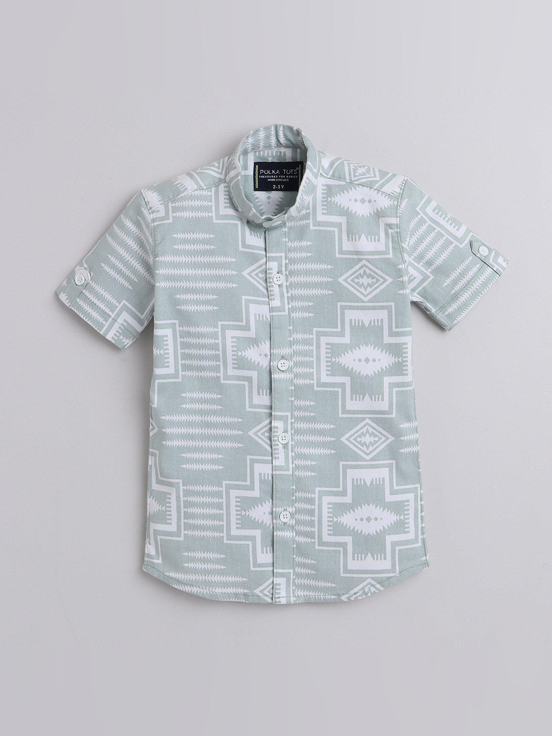 Polka Tots Cotton Regular Fit Half Sleeve Chinese Collar Geometric Print Shirt - Light Pista