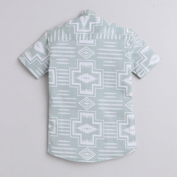 Polka Tots Cotton Regular Fit Half Sleeve Chinese Collar Geometric Print Shirt - Light Pista