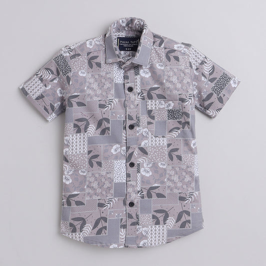 Polka Tots Cotton Regular Fit Half Sleeve Leaf Printed Shirt - Grey