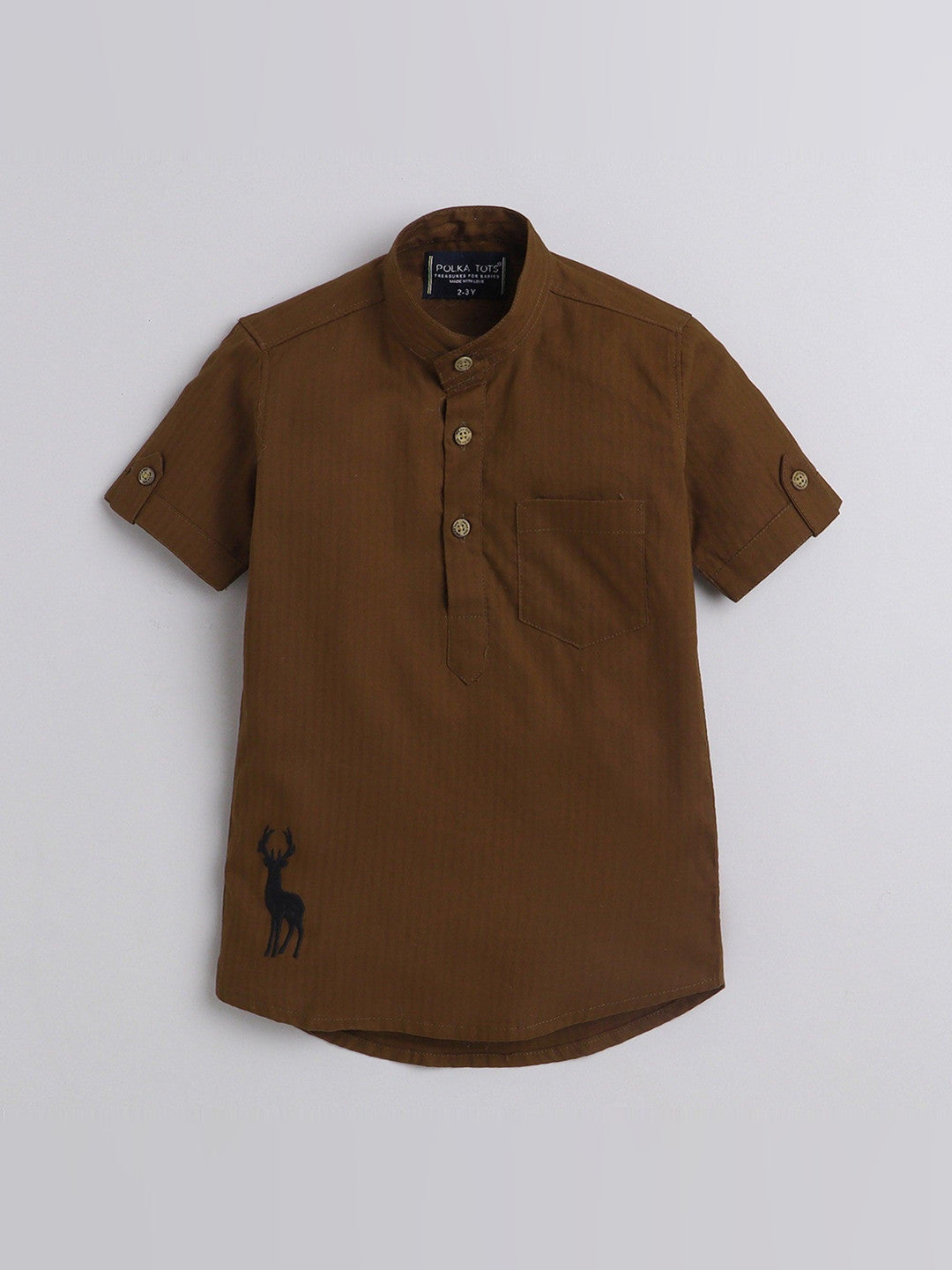Polka Tots Cotton Regular Fit Half Sleeve Kurta Rein Deer Embroidery - Brown
