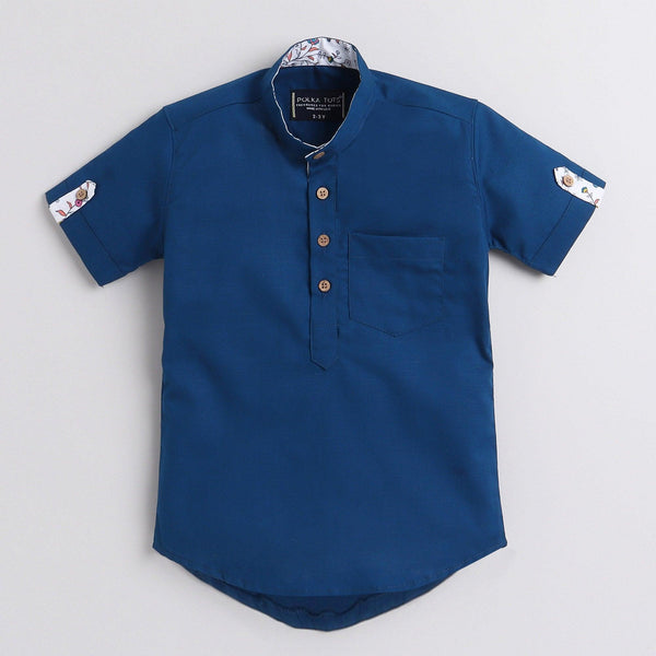Polka Tots Half Sleeve Short Kurta Floral Placket and roll over loop - Dark Blue
