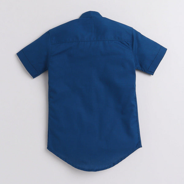 Polka Tots Half Sleeve Short Kurta Floral Placket and roll over loop - Dark Blue