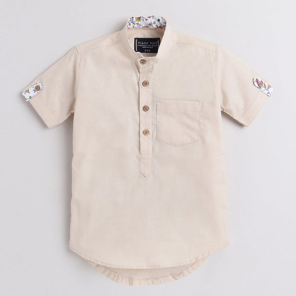 Polka Tots Half Sleeve Short Kurta Floral Placket and roll over loop - Cream