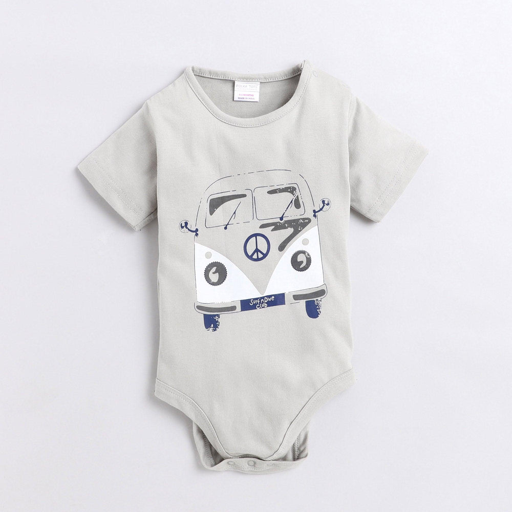 Polka Tots Half Sleeve Rompers Onesie Antibacterial Fabric Bus Grey